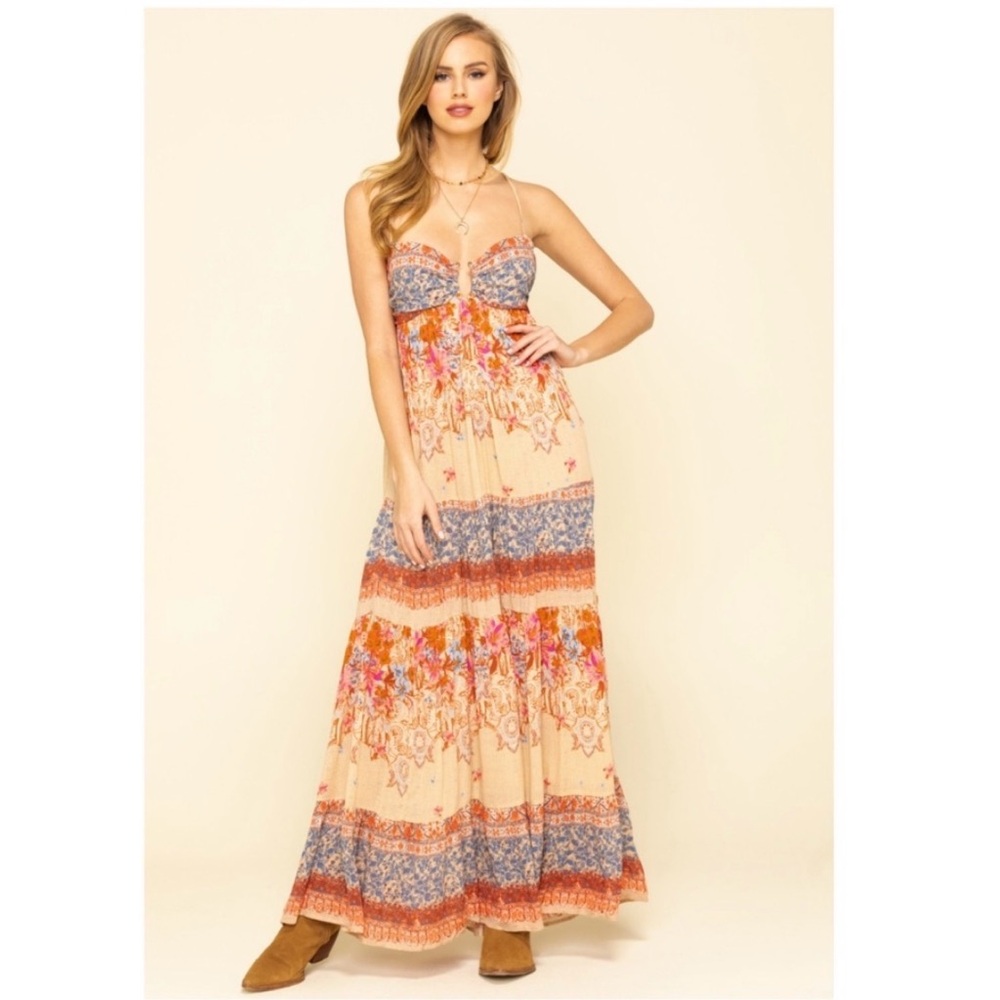 Free People Beige Floral Tiered Maxi Dress with Red and Blue Accents - Picture 9 of 13